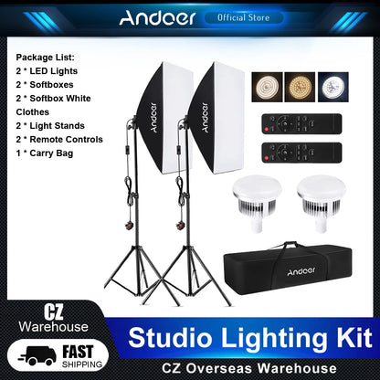 Andoer Softbox Lighting Kit: Estudio de Fotografía con Luz LED 2800K-5700K, Soporte Ajustable y Control Remoto