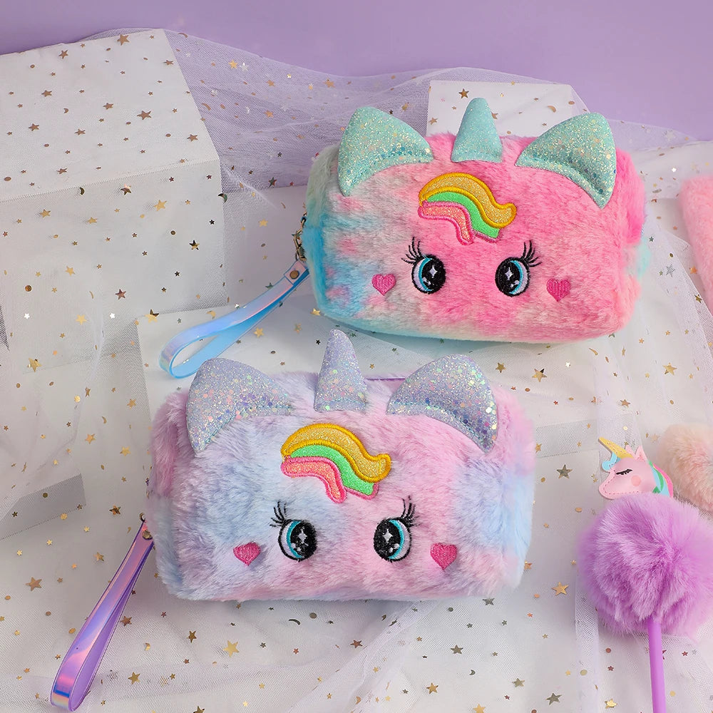 Bolso Kawaii de Unicornio para Niñas – Estuche Multiusos de Felpa con Gran Capacidad, Organizador de Maquillaje y Lápices