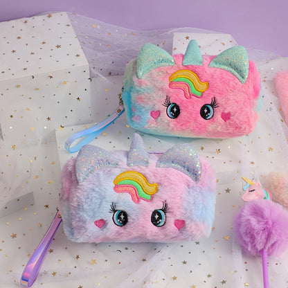 Bolso Kawaii de Unicornio para Niñas – Estuche Multiusos de Felpa con Gran Capacidad, Organizador de Maquillaje y Lápices