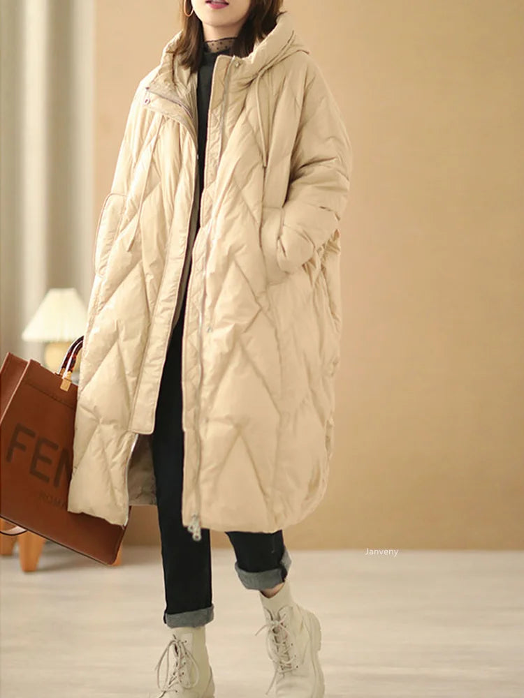 Abrigo largo holgado para mujer, chaqueta de plumón de pato blanco, parka con capucha de plumas, 90%, invierno