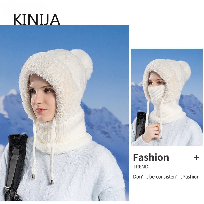 Pasamontañas de Lana de Punto de Terciopelo para Mujer - Gorro Esponjoso con Protección para los Oídos y Máscara de Cuello Integrada