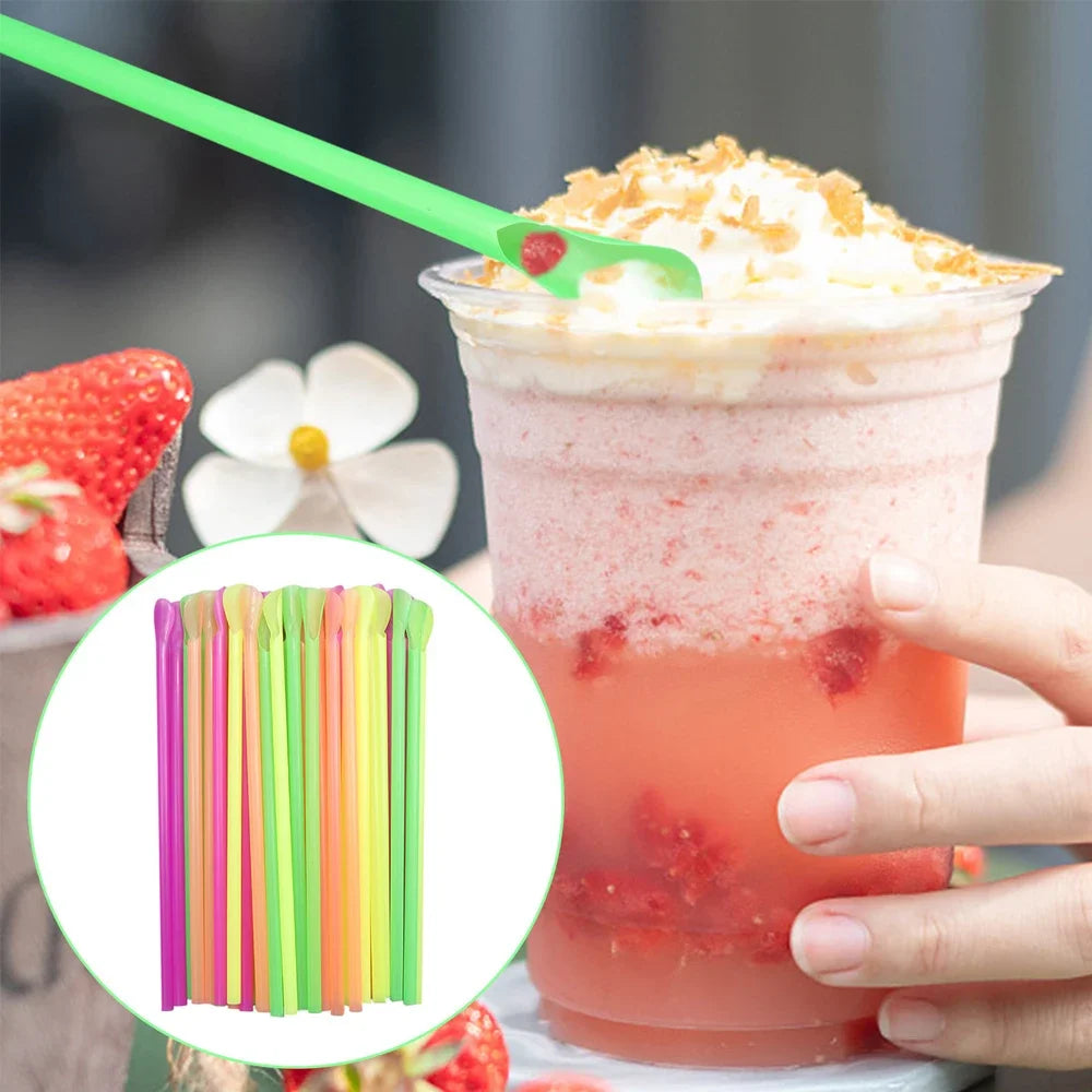 Título: Pajitas de plástico para beber con cuchara, ideales para batidos y bebidas espesas, disponibles en 50/1000/2000 unidades