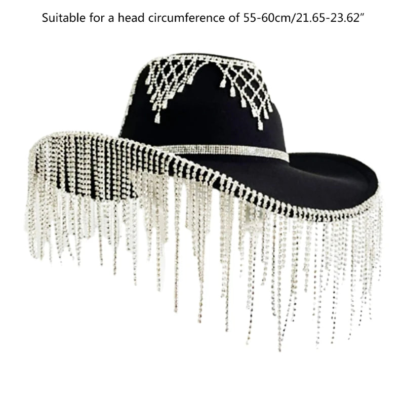 Sombrero de Ala Ancha con Borlas de Diamantes de Imitación para Mujer – Gorro Transpirable para Playa y Festivales