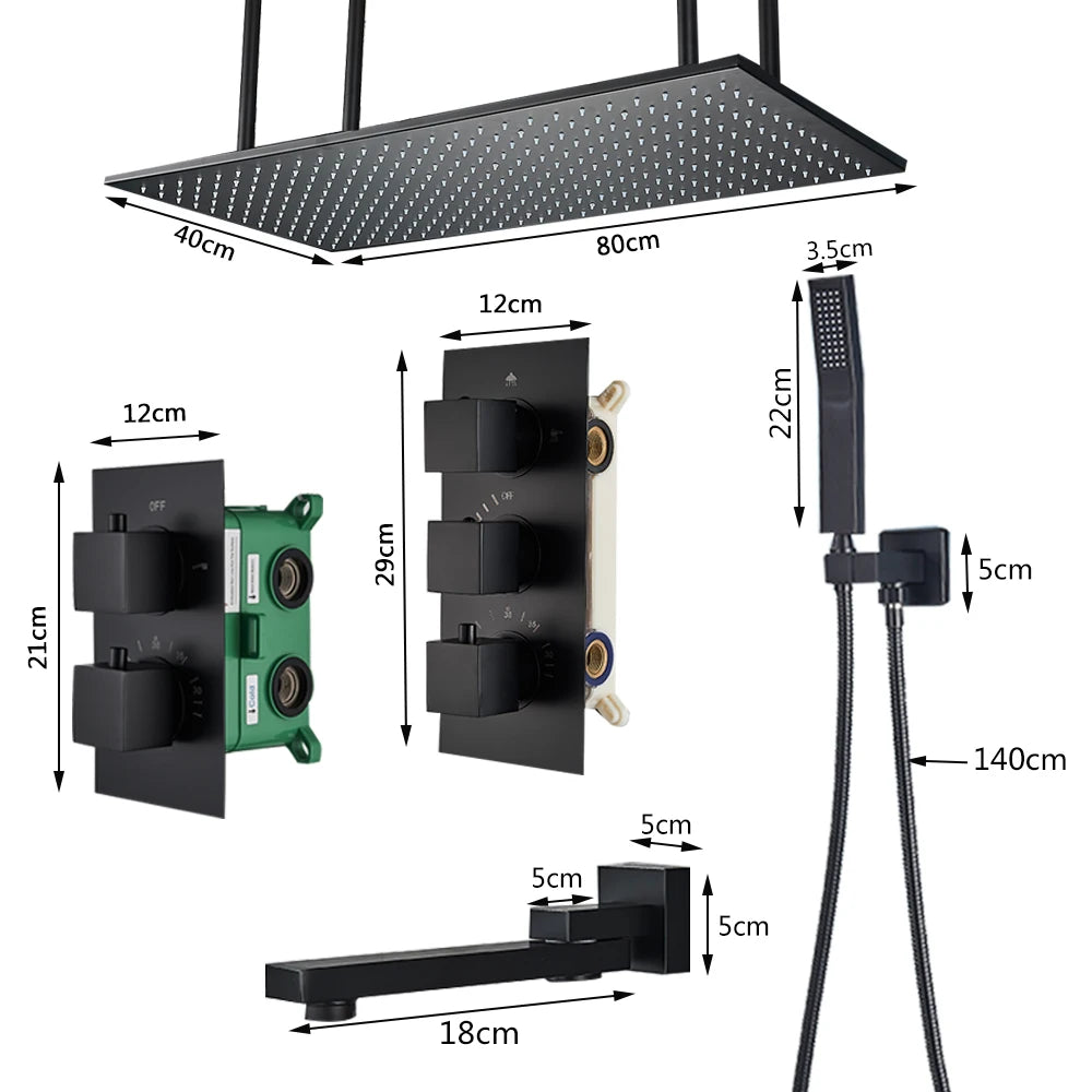 Grifo Termostático para Ducha Rozin de Latón Negro con Mezclador de Lluvia en el Techo de 40*80cm, Grifo Mezclador de Ducha Empotrado para Baño
