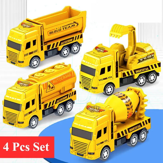 Set de 4 Coches Educativos para Niños, Vehículos de Ingeniería Miniatura, Juguetes de Acción Pull Back, Regalo para Niños
