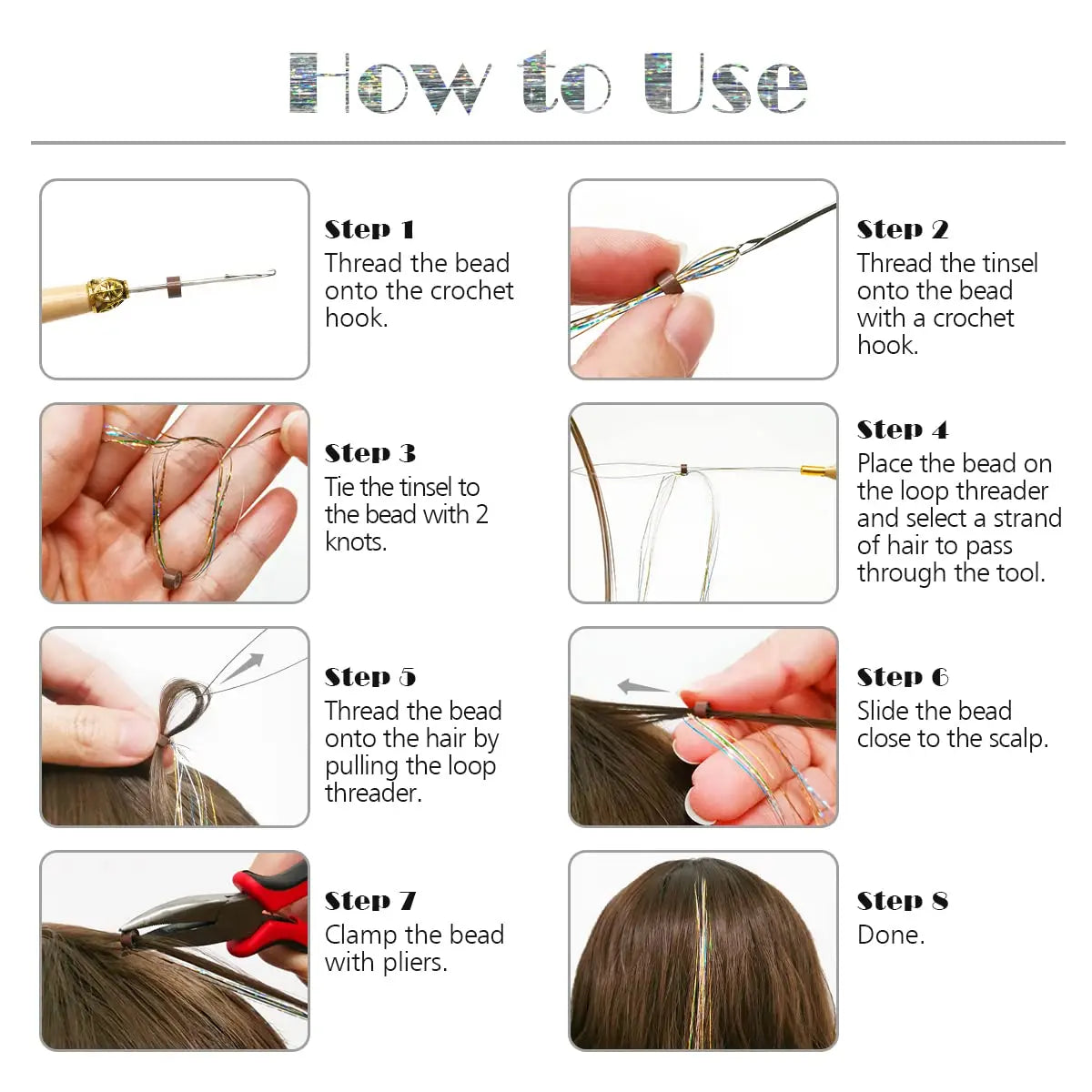Kit de Tinsel Brillante para el Cabello - 16 Colores de Extensiones de Hilo Brillante, Accesorios Hippie para Mujeres