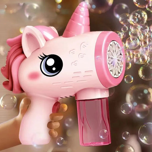 Pistola de burbujas eléctrica unicornio, máquina automática de burbujas con luces, juegos al aire libre de verano, regalos para niños
