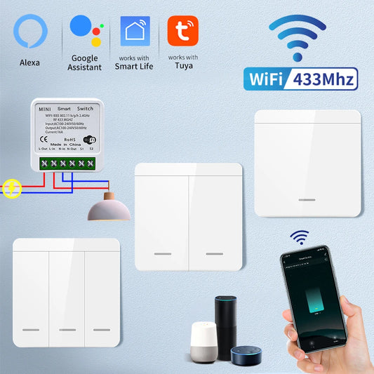 Interruptor Inteligente WiFi Tuya para Iluminación con RF 433MHz, Control por Voz y App Smart Life, Compatible con Alexa y Google Home