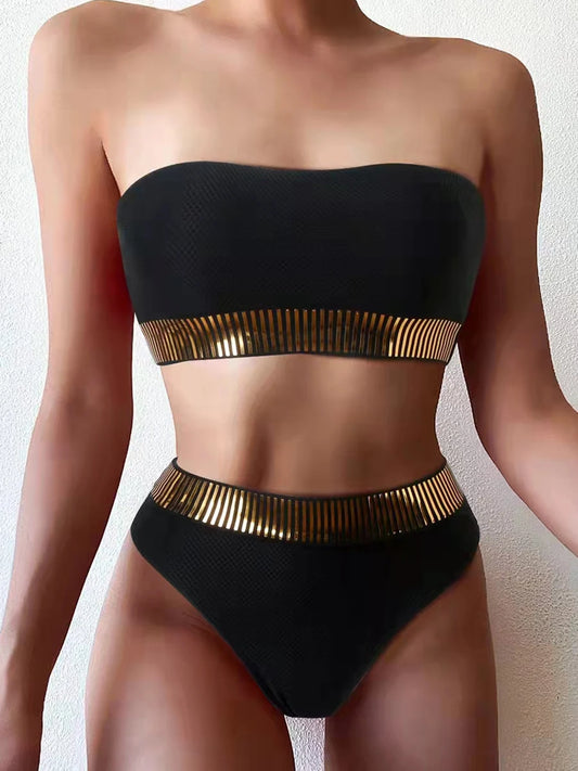 Bikini Bandeau de Cintura Alta Sexy 2023 para Mujeres - Traje de Baño Triangular con Detalle de Costura