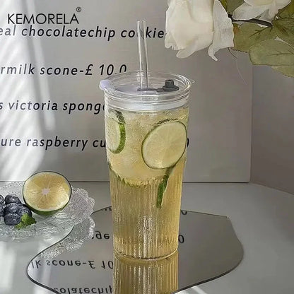 Vaso de Vidrio Acanalado 500/600ml con Tapa y Paja | Vaso para Cócteles, Cerveza, Café Helado, Jugo, Té y Agua