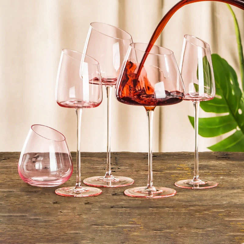 Juego de Copas de Vino Tinto de Flamenco Rosa Francés - Copas de Cristal con Boca Inclinada Creativa y Fondo Cóncavo, También para Champán Azul
