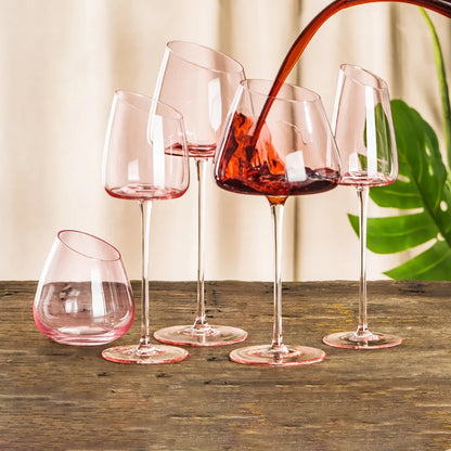 Juego de Copas de Vino Tinto de Flamenco Rosa Francés - Copas de Cristal con Boca Inclinada Creativa y Fondo Cóncavo, También para Champán Azul