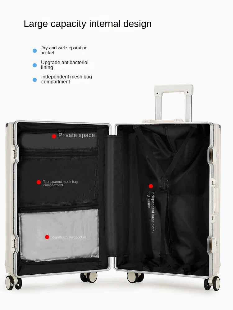 Maleta de Viaje con Marco de Aluminio y Ruedas – Equipaje Recargable de 20'' con Gancho para Teléfono y Soporte para Taza