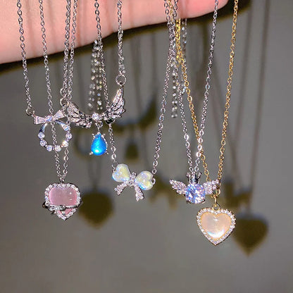 Collar de Pendant de Cristal Y2K con Lazo y Alas de Ángel - Joyería Aesthetic para Mujeres, Cadena Clavicular Trendy