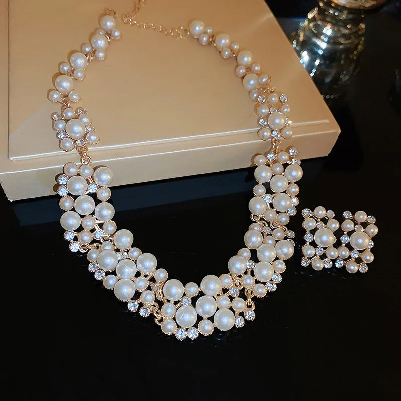 Conjunto de Collar y Pendientes Rectangulares de Perlas de Diamantes de Imitación (3 Piezas)