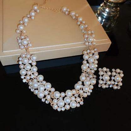 Conjunto de Collar y Pendientes Rectangulares de Perlas de Diamantes de Imitación (3 Piezas)