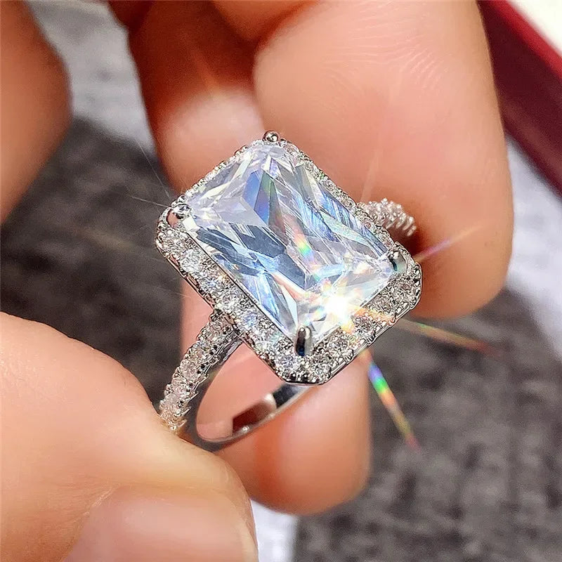 Anillos cuadrados clásicos de Color plateado para mujer, joyería de boda con moissanita brillante, anillo femenino de circón cúbico