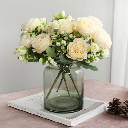 Ramo de Peonías Artificiales de Seda 30cm - Decoración para Boda, Hogar y Eventos - Flores Realistas con 5 Rosas Grandes y 4 Capullos Pequeños