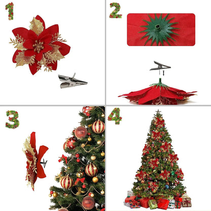 Juego de Flores Navideñas Artificiales con Brillo (10/5/1 piezas) - Decoración de Árbol de Navidad y Adornos Festivos 14.5 cm