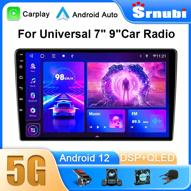 Reproductor Multimedia 2 DIN SRNUBI - Android 12, CarPlay Universal, Pantalla de 7" y 9" para Nissan, Honda, Toyota, Lada, Volkswagen y Hyundai