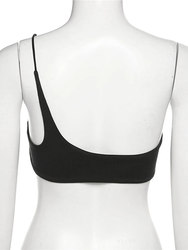 Top de Mujer con Un Solo Hombro | Crop Top Sin Mangas Slim, Color Negro, Estilo Verano