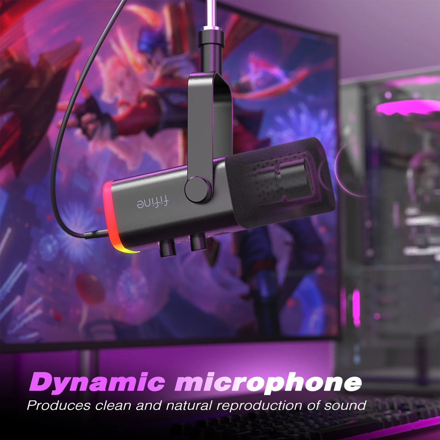 Micrófono Dinámico FIFINE USB/XLR con Botón de Silencio Táctil, Conector para Auriculares, Controles de E/S, para PC PS5/4, Mezclador de Juegos, Micrófono Ampligame AM8