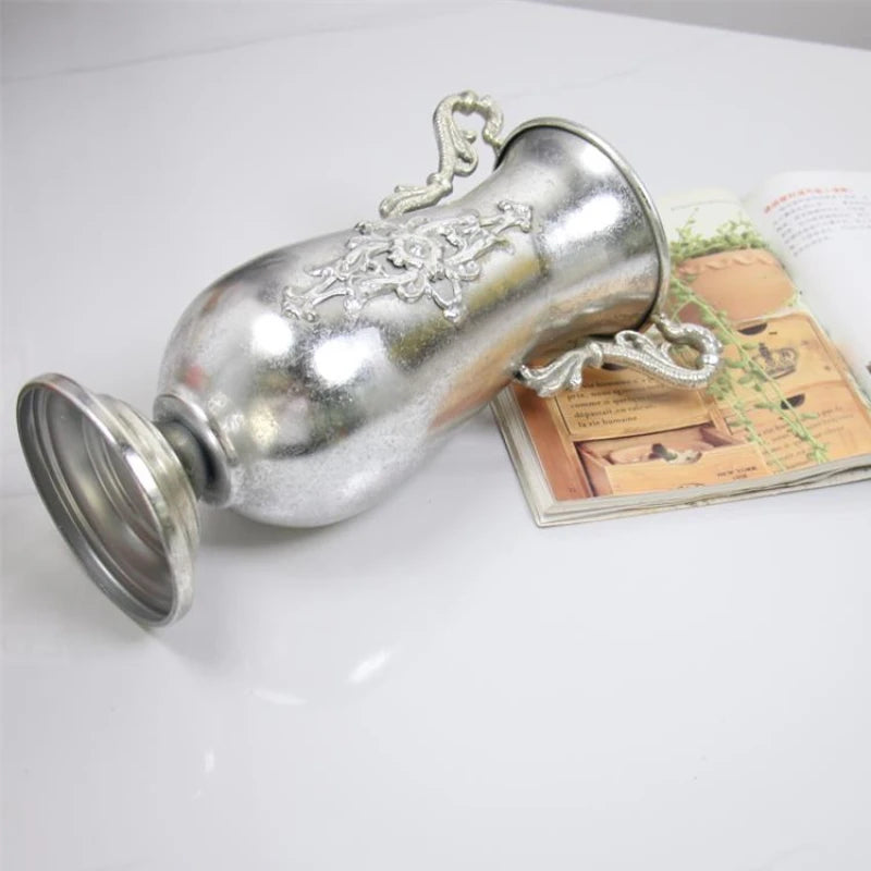 Maceta Clásica de Hierro Fundido para Boda – Jarrón Decorativo para Flores Secas, Adorno para el Hogar y Hotel, Vajilla Plateada