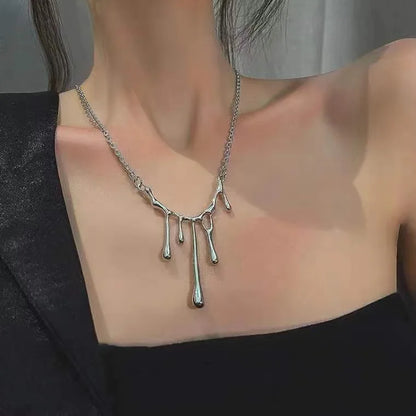 Collar de Gota de Agua Hip Hop en Color Plateado - Necklace de Acero Inoxidable con Diseño de Lava para Mujer, Cadena de Moda