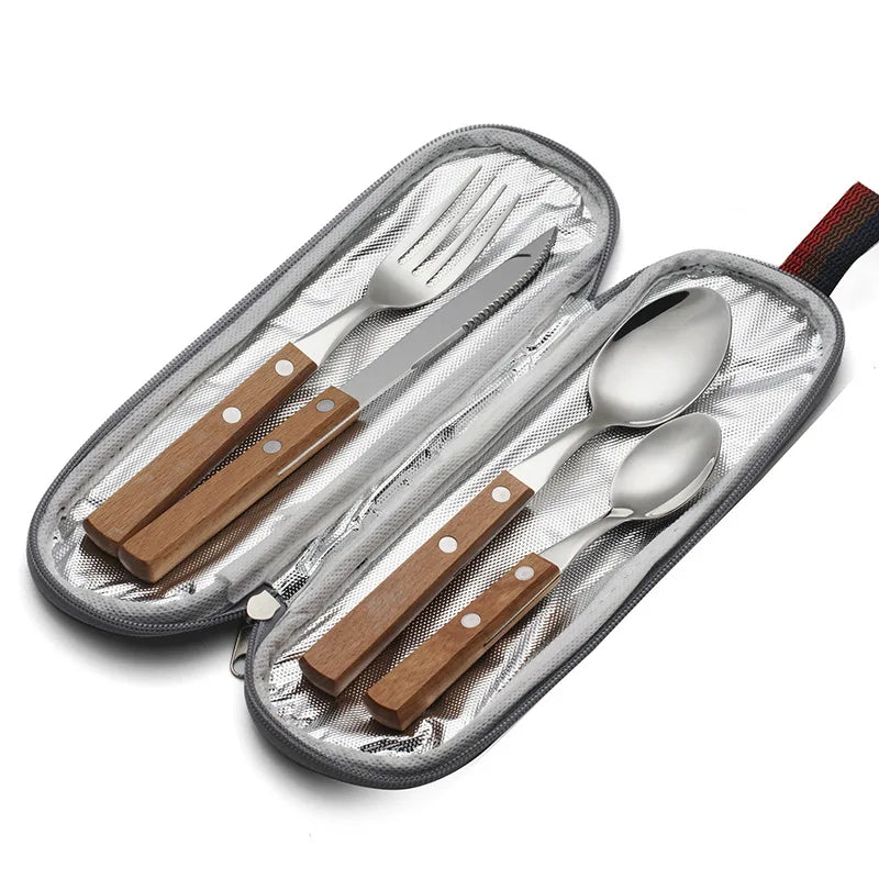 Utensilios de viaje de acero inoxidable con estuche, saludable y ecológico, tamaño completo, tenedor, cuchara, juego de utensilios portátiles con bolsa de almacenamiento