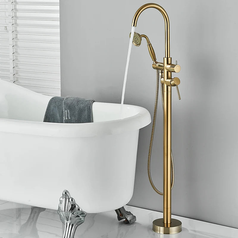 Grifo de Ducha de Piso en Oro Cepillado para Bañera | Mezclador de Agua Fría y Caliente con Manija Única