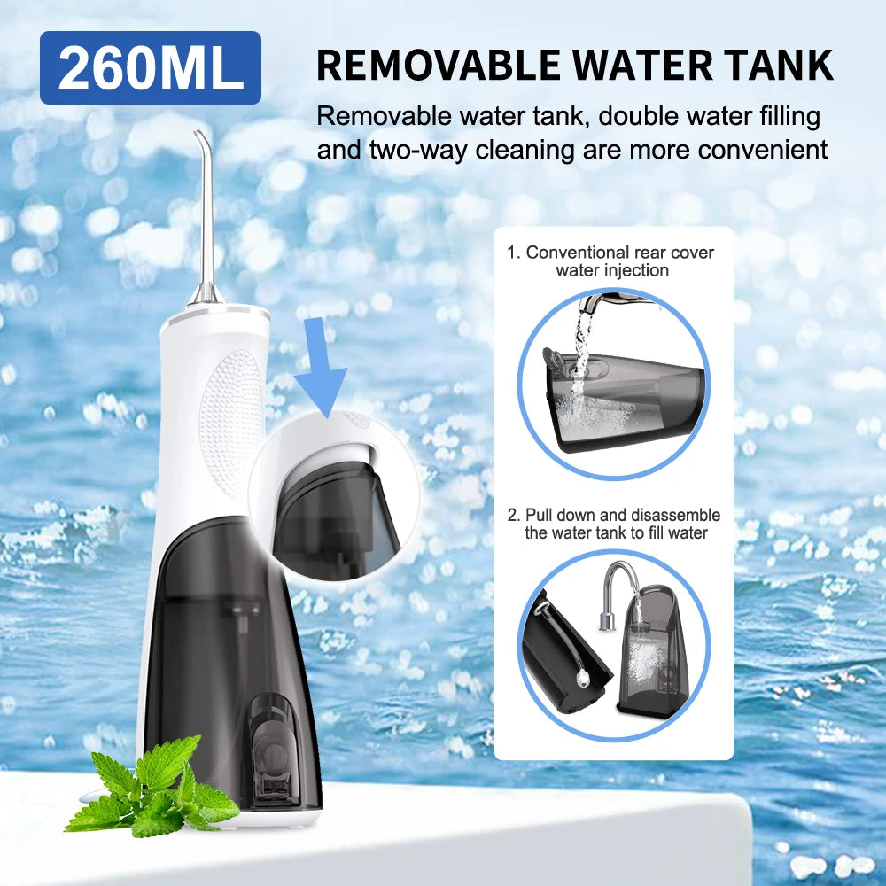 Irrigador Bucal Portátil SUBORT - Limpiador Dental Recargable por USB con Tanque de 260ML y Resistencia al Agua IPX7