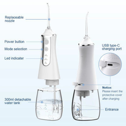 Irrigador Bucal Portátil con USB Recargable y 5 Boquillas - 300ml, 3 Modos de Funcionamiento