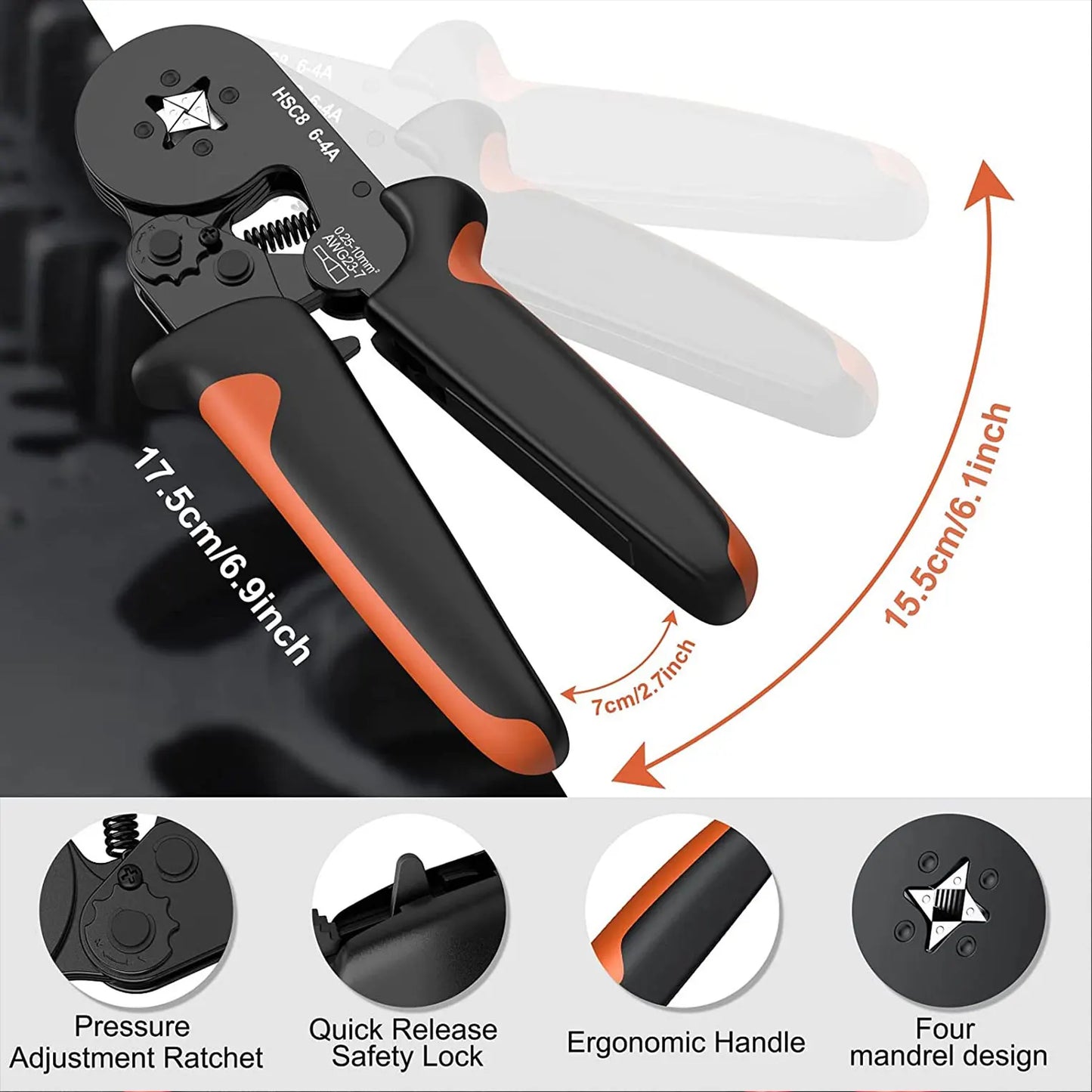 Kit de Herramientas para Crimpar Terminales de Tubo - Alicates HSC8 6-4 y HSC8 6-6 para Electricistas (0.25-10mm², AWG 23-7)