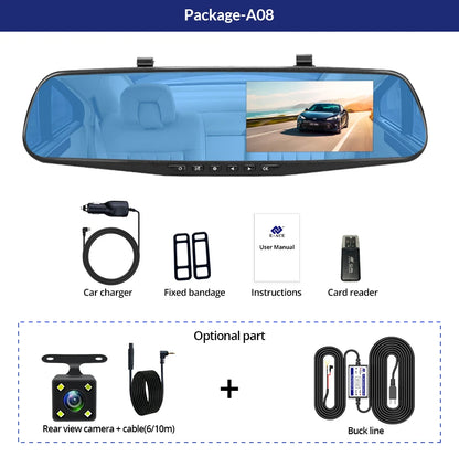E-ACE Dashcam - Cámara DVR Espejo Retrovisor FHD 1080P con Doble Lente