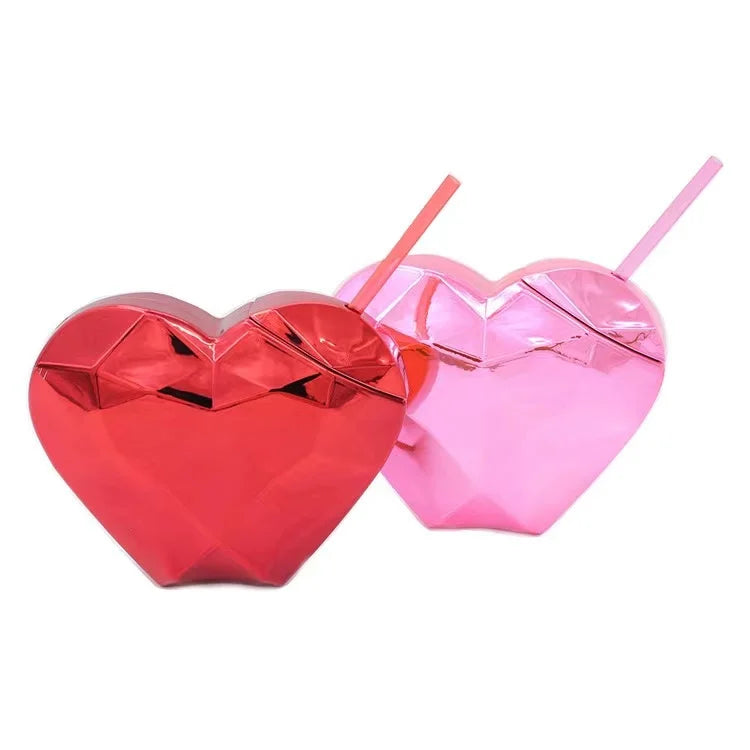 Botella de Agua de Plástico en Forma de Corazón con Vaso de Pajita - 20 Onzas para Fiestas y Eventos Especiales