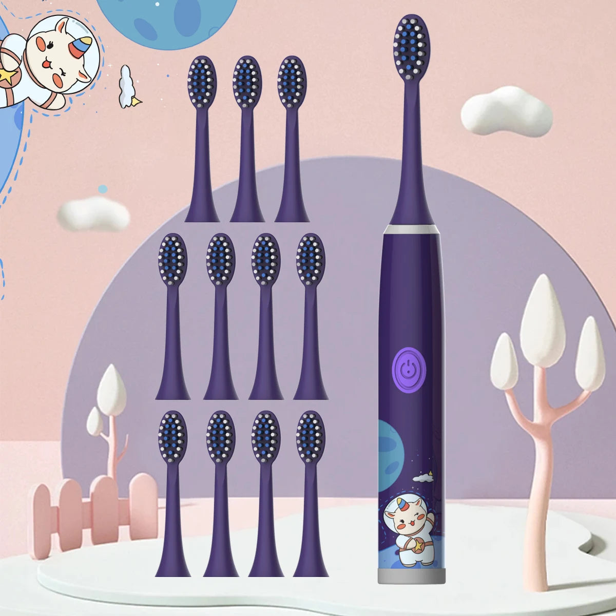 Cepillo de Dientes Eléctrico Infantil - Diseño de Caricaturas Coloridas de Espacio | Cepillo Suave para Limpieza (Batería No Incluida)