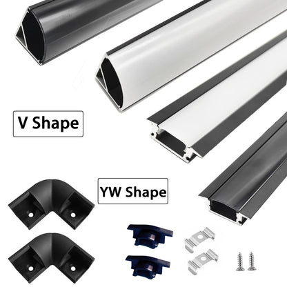 Perfil de Aluminio en Forma V/YW/U de 0.5m para Tira LED, Soporte de Canal, Cubierta DIY en Acabado Negro/Plata, Tiras de Canal de Cubierta Lechosa/Negra
