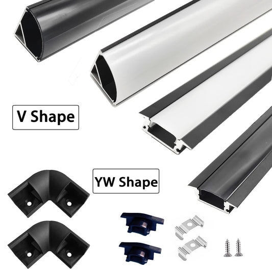 Perfil de Aluminio en Forma V/YW/U de 0.5m para Tira LED, Soporte de Canal, Cubierta DIY en Acabado Negro/Plata, Tiras de Canal de Cubierta Lechosa/Negra