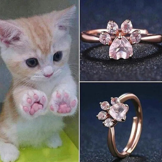 Anillo de apertura de garra de gato para mujer, sortija ajustable chapada en huella de cristal de oro rosa, joyería romántica de amor de boda