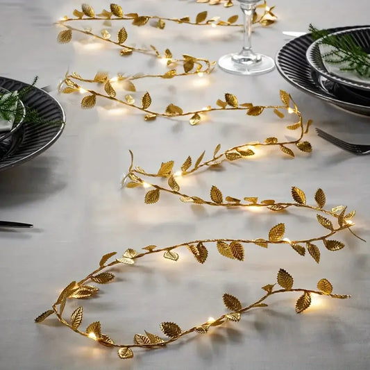 1PC 2M 20LED Luces de Hilo de Hojas Doradas - Cadena de Luces LED de Cobre con Batería para Decoración de Bodas, Fiestas y Navidad