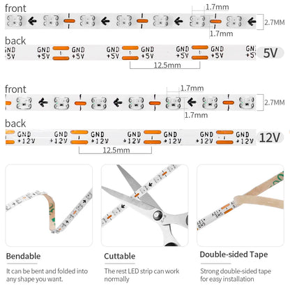 Tira LED WS2812B Ultra Delgada 2.7mm 160 LEDs/m RGBIC Enderezable DC5V/12V