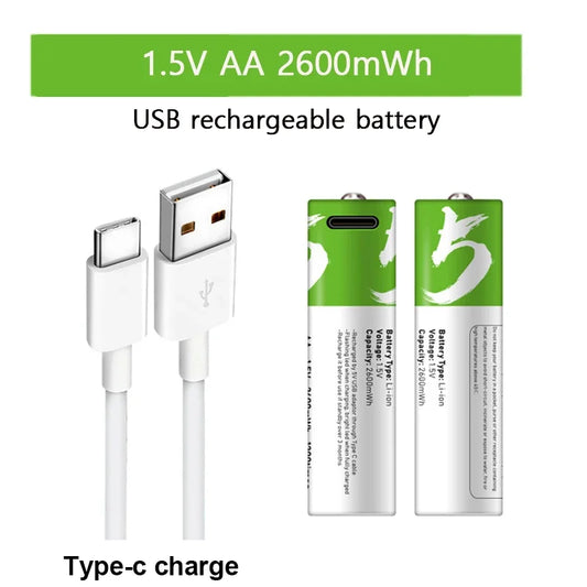 Batería Recargable USB de Alta Capacidad de 1.5V AA, 2600 mWh para Ratones, Juguetes, Relojes y Control Remoto con Cable