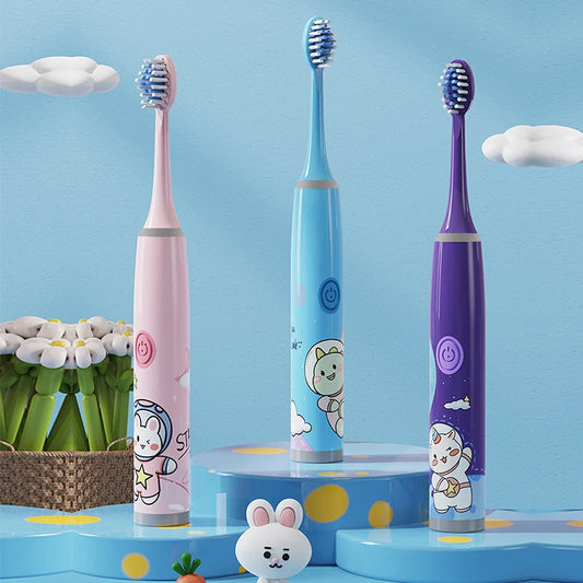 Cepillo de Dientes Eléctrico Infantil - Diseño de Caricaturas Coloridas de Espacio | Cepillo Suave para Limpieza (Batería No Incluida)