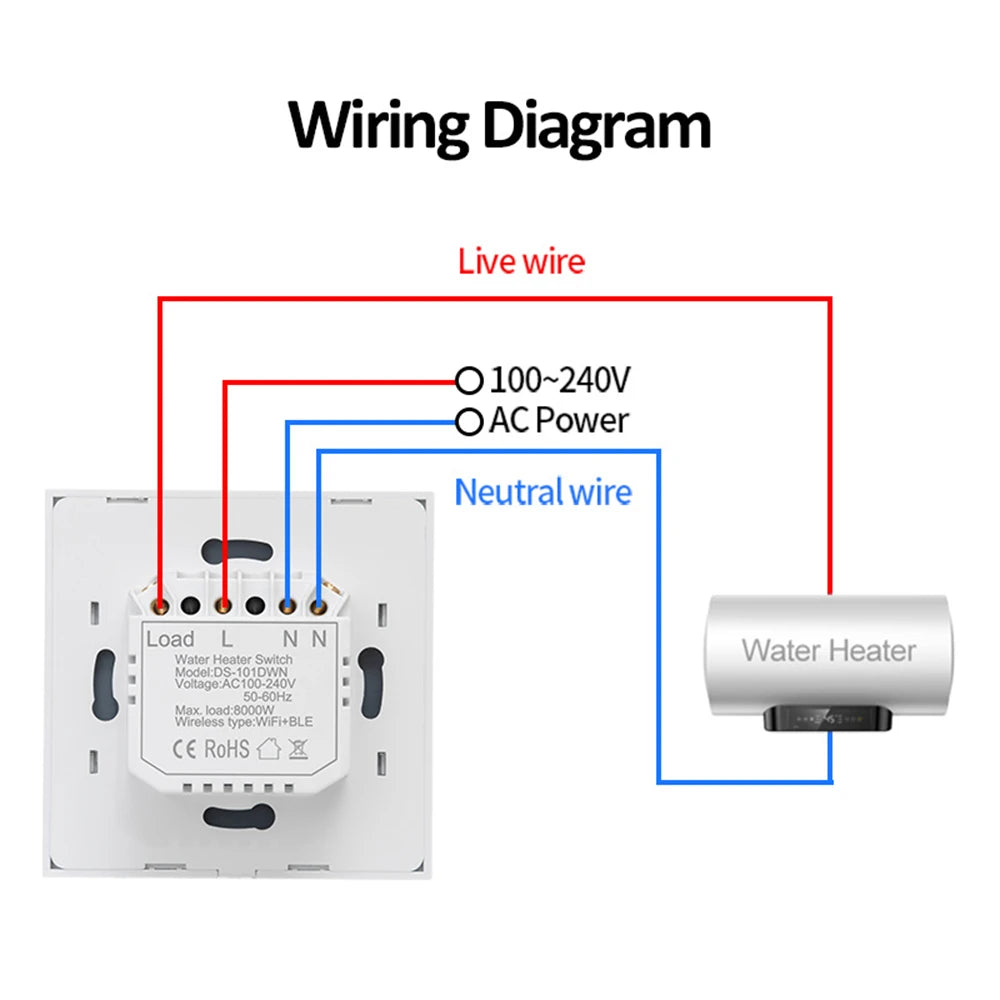 Interruptor de Pared Táctil para Calentador de Agua y A/C Wifi Inteligente Tuya 40A
