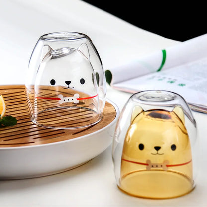 Taza de Vidrio Doble 280ML con Diseño de Animales | Gato, Perro, Oso | Taza Transparente para Café, Té, Leche, Jugo o Vino | Ideal para Cumpleaños