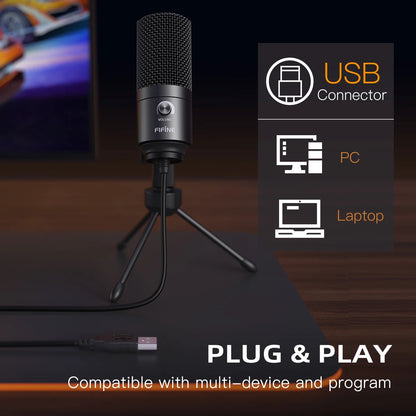 Micrófono de Condensador USB FIFINE K669B con Control de Ganancia | Micrófono de Metal para Estudio en Casa, Podcasting y Grabación de Voz en Laptop y Windows