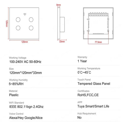 Interruptor Táctil Inteligente Wifi Tuya para Luces en Brasil, 4*4 sin Cable Neutro, 4/6 Gang, Control Remoto RF433, Smart Life, Compatible con Alexa y Google Home