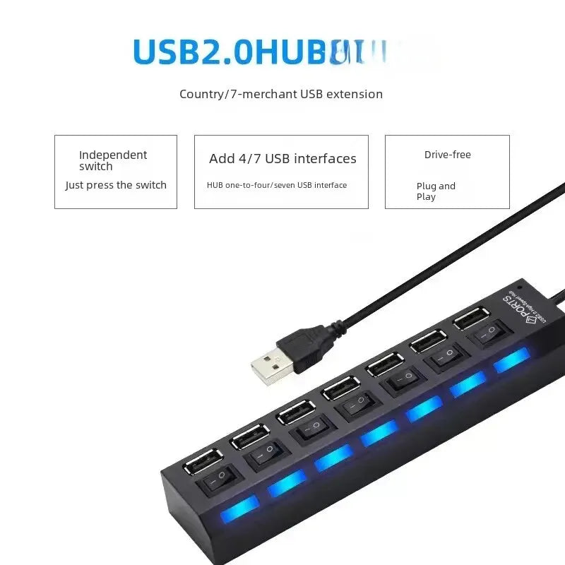 USB de 7 Puertos con Interruptores Independientes | Divisor de Datos One-to-Seven para Laptop y Computadora