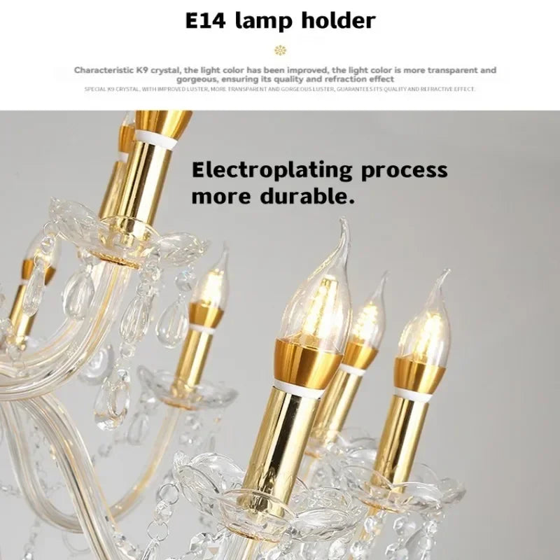 Candelabro de Techo de Cristal Dorado para Dormitorio, Comedor y Sala de Estar, Clásico Colgante de Vela