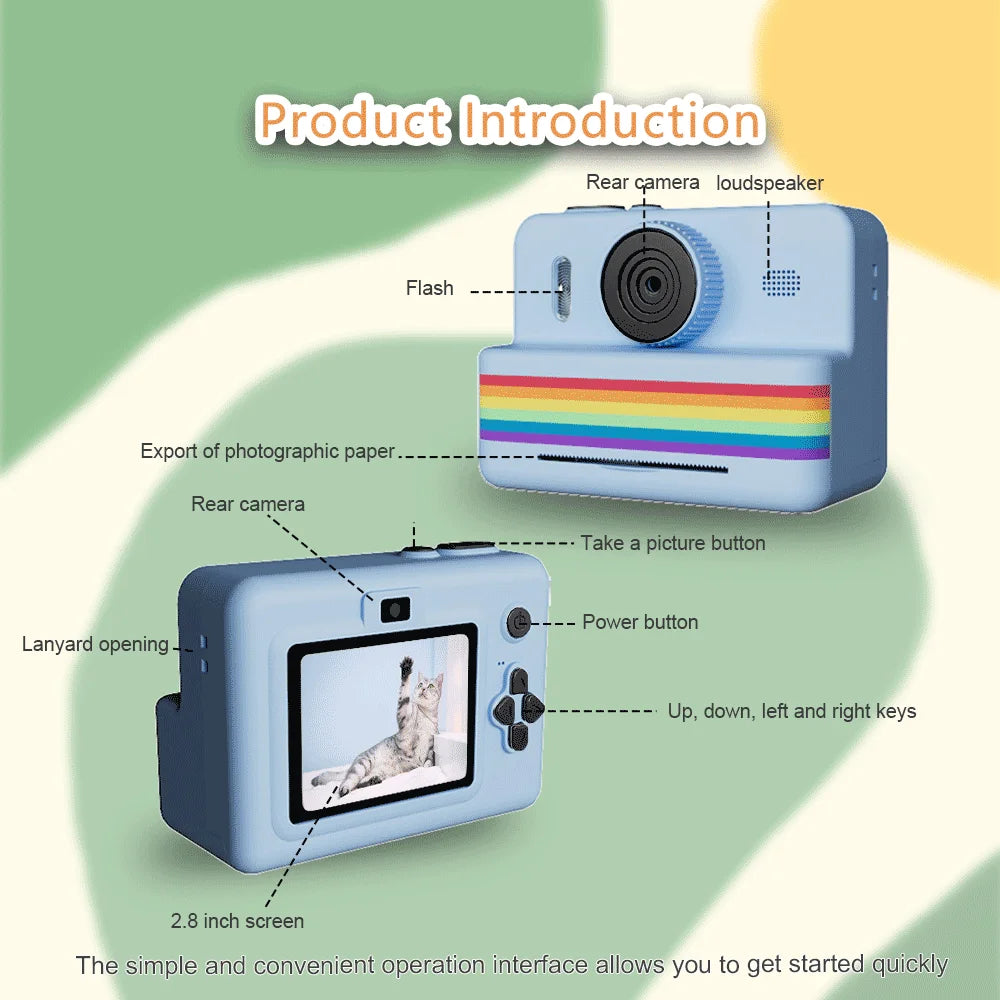 Cámara Instantánea de 2.8 Pulgadas con Pantalla Grande, Cámara Digital HD para Niños, Juguete Portátil de Impresión Sin Tinta para Exterior